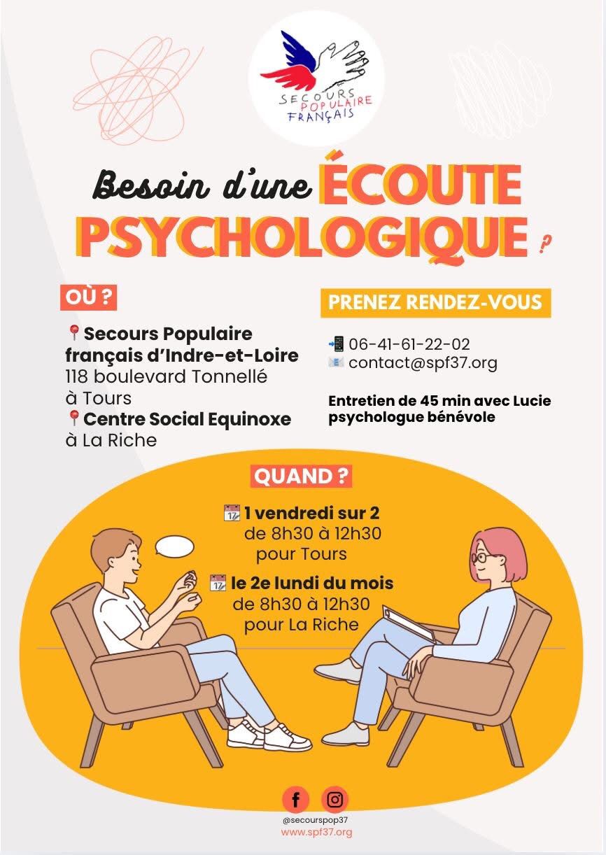 psychologue psychothérapie gratuit bénévole secours populaire Tours Equinoxe La Riche